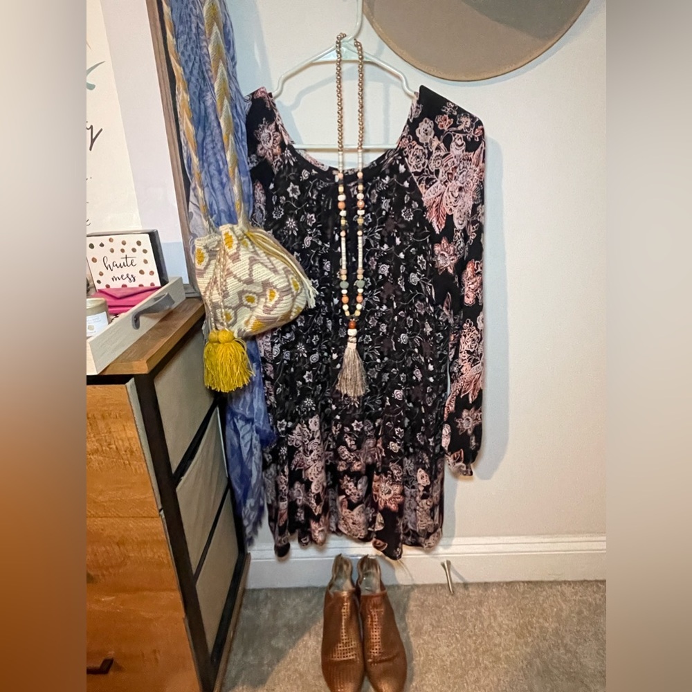 🌻Women’s Free People Lucky Loosey Floral Print Boho Mini Dress Onyx Combo Sz S - Picture 15 of 16